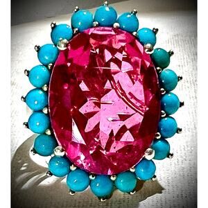 Pink Topaz & Sleeping Beauty Turquoise Halo Ring 925 Silver Sz 7